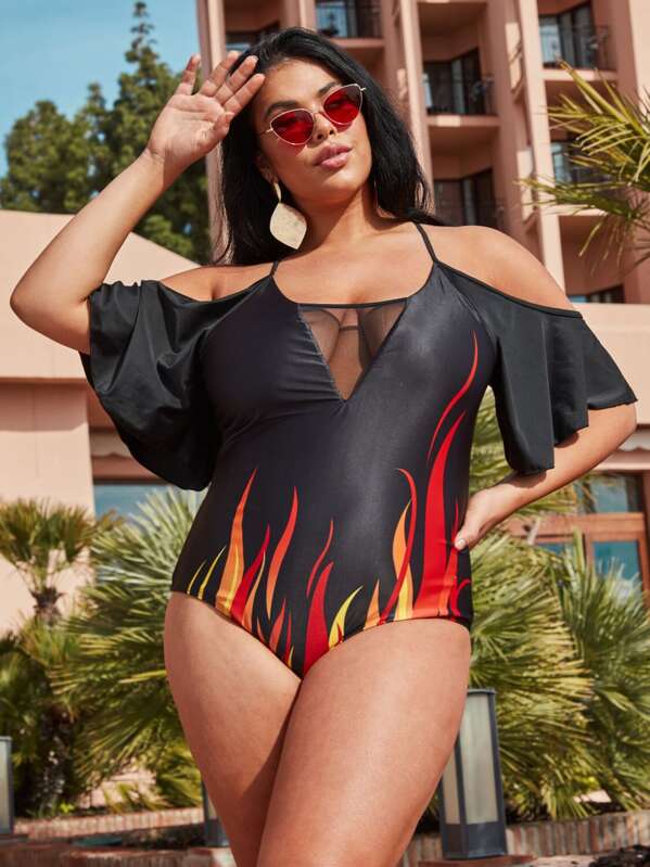 

Plus Flame Random Print Contrast Mesh One Piece Swimwear, Black, Shay Zanco