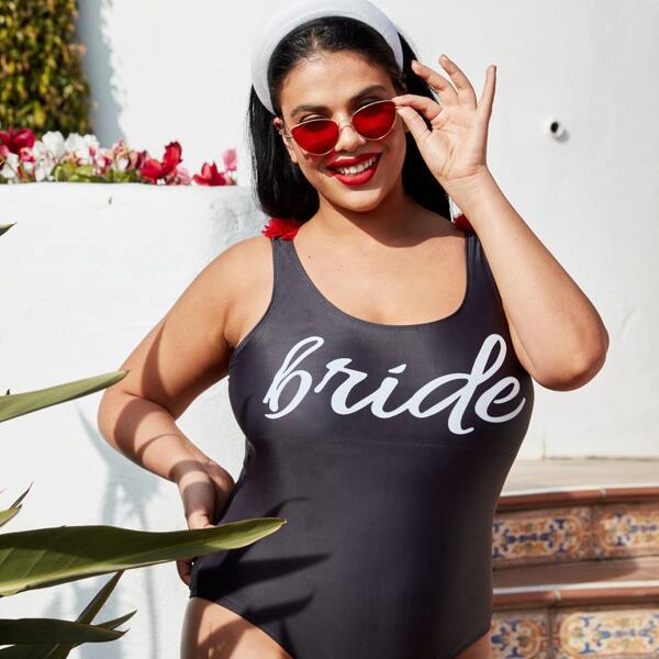 

Plus Letter Graphic One Piece Swimwear, Black