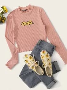 SHEIN Embroidered Sunflower Lettuce Edge Tee - Coral Pink - View 1