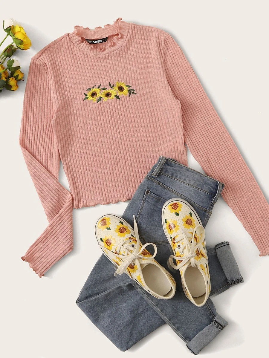 SHEIN Embroidered Sunflower Lettuce Edge Tee - Coral Pink - View 1