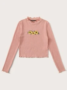 SHEIN Embroidered Sunflower Lettuce Edge Tee - Coral Pink - View 3