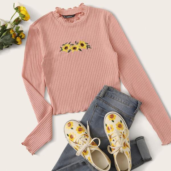 

Embroidered Sunflower Lettuce Edge Tee, Pastel coral pink