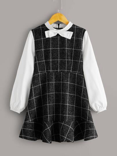 Girls Bow Detail Contrast Lantern Sleeve Grid Dress
