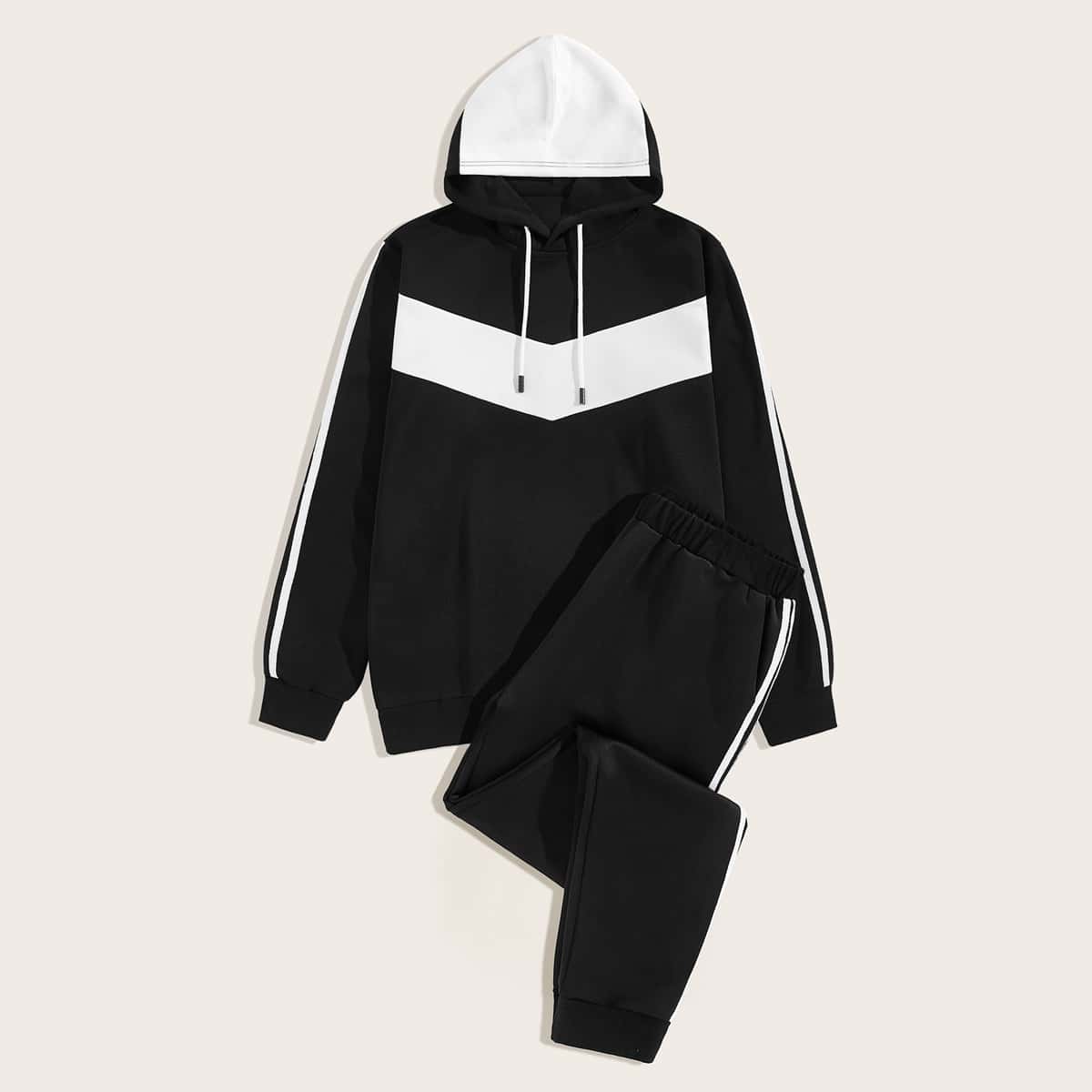 

Guys Contrast Panel Drawstring Hoodie & Sweatpants, Black