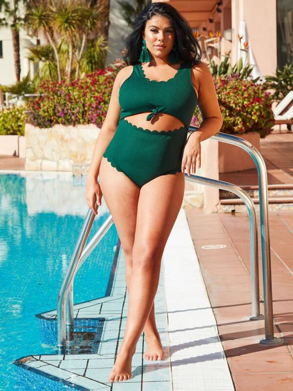 

Plus Scallop Trim Knot Front One Piece Swimwear, Green, Shay Zanco
