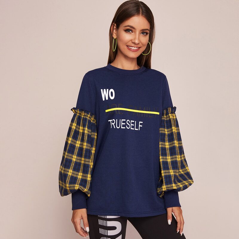 

Slogan Graphic Plaid Lantern Sleeve Pullover, Navy
