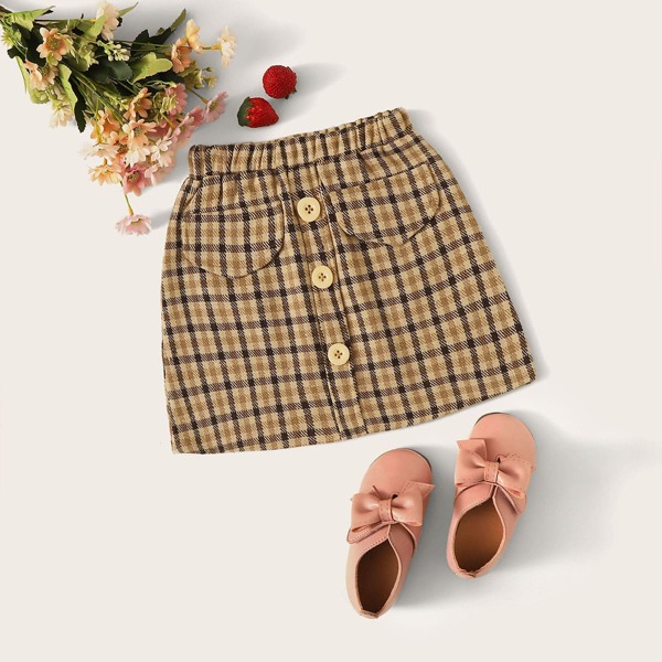 

Toddler Girls Button Front Plaid Wool-mix Skirt, Yellow