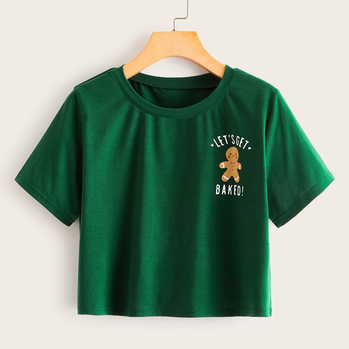 

Christmas Gingerbread Man & Slogan Graphic Crop Tee, Green