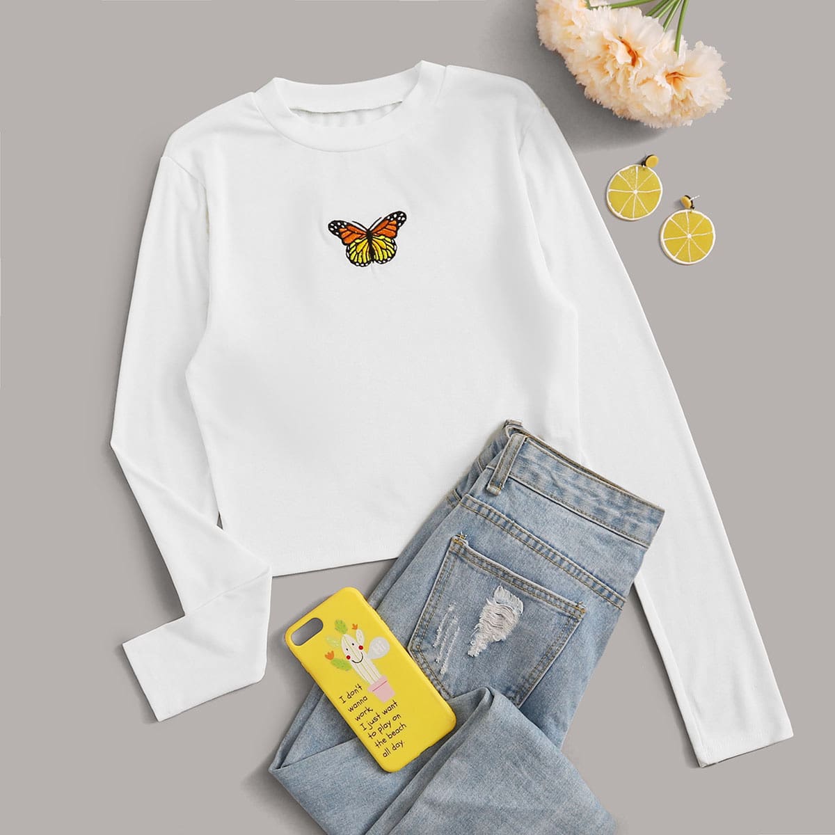 

Butterfly Embroidery Long Sleeve Tee, White