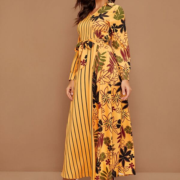 

Plants Print Striped Self Tie A-line Dress, Yellow