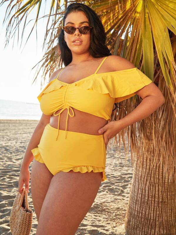 

Plus Ruffle Trim Drawstring Top With High Waist Bikini Set, Yellow, Shay Zanco