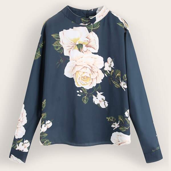 

Mock Neck Large Floral Print Blouse, Blue