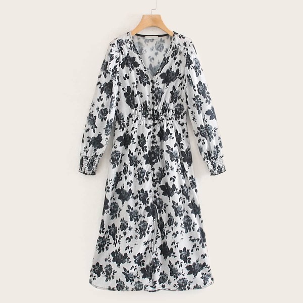 

Floral Print Shirred Waist Dress, Black and white