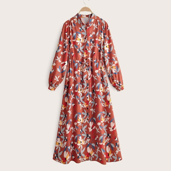 

Drawstring Waist Floral Print Shirt Dress, Multicolor