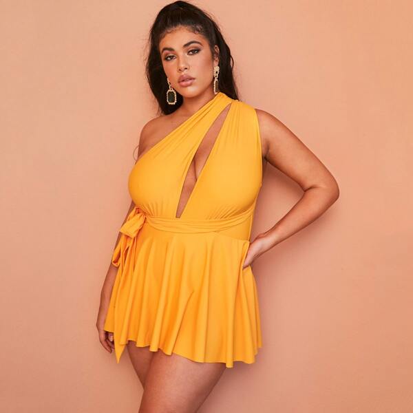 

Plus One Shoulder Tie Waist One Piece Swimwear, Yellow