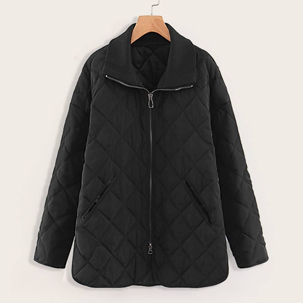 

Zip Through Slant Pocket Quilted Coat, Black