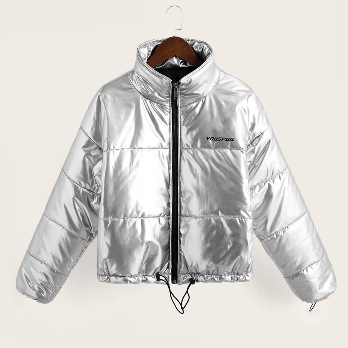 

Letter Graphic Metallic Drawstring Padded Jacket, Grey