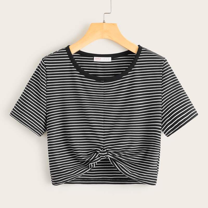

Striped Knot Hem Crop Tee, Black and white