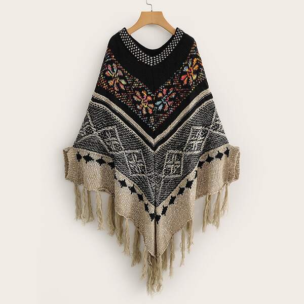 

Tribal Print Fringe Hem Poncho Sweater, Multicolor