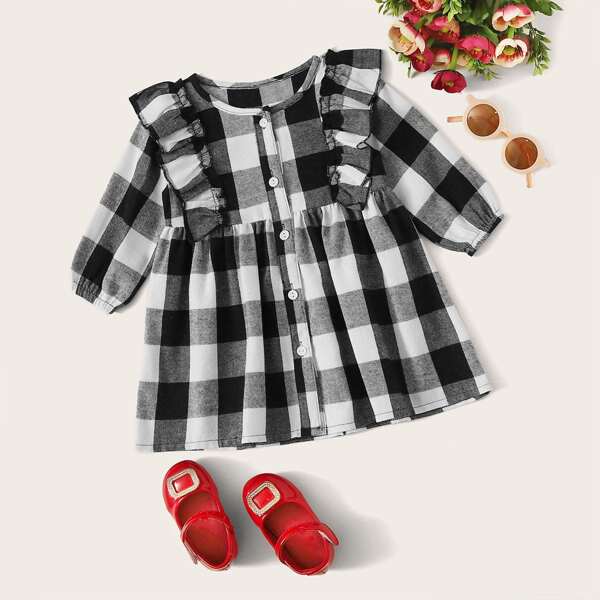 

Baby Girl Buffalo Plaid Ruffle Shirt Dress, Black and white