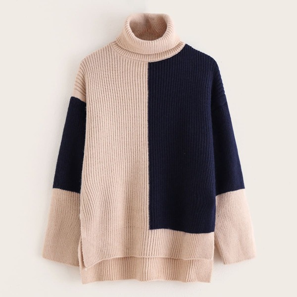 

Cut And Sew Turtleneck High Low Sweater, Multicolor