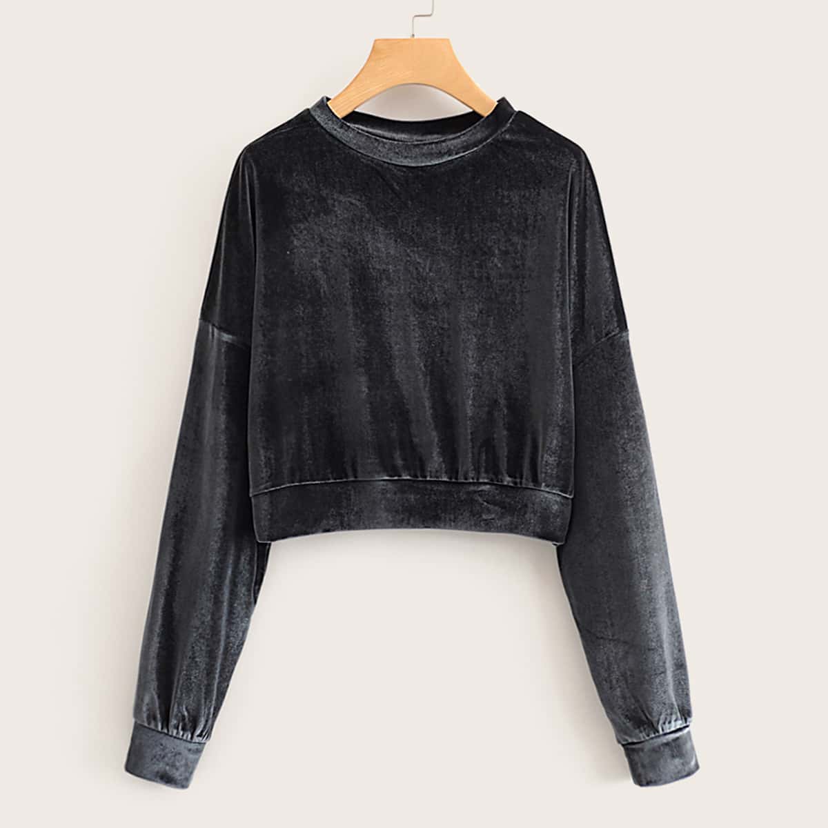 

Drop Shoulder Velvet Sweatshirt, Black