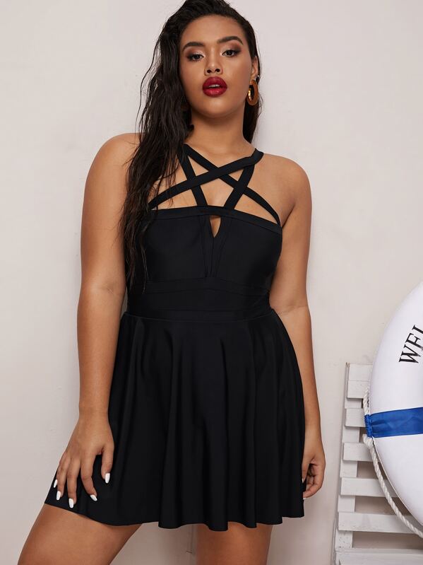 

Plus Lattice One Piece Swimwear, Black, Emilie