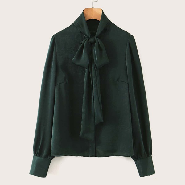 

Tie Neck Button Up Solid Blouse, Green