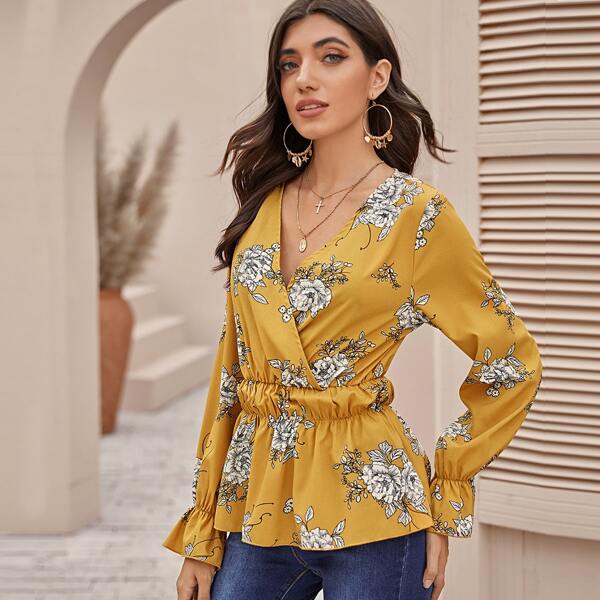 

Surplice Front Floral Print Peplum Blouse, Yellow