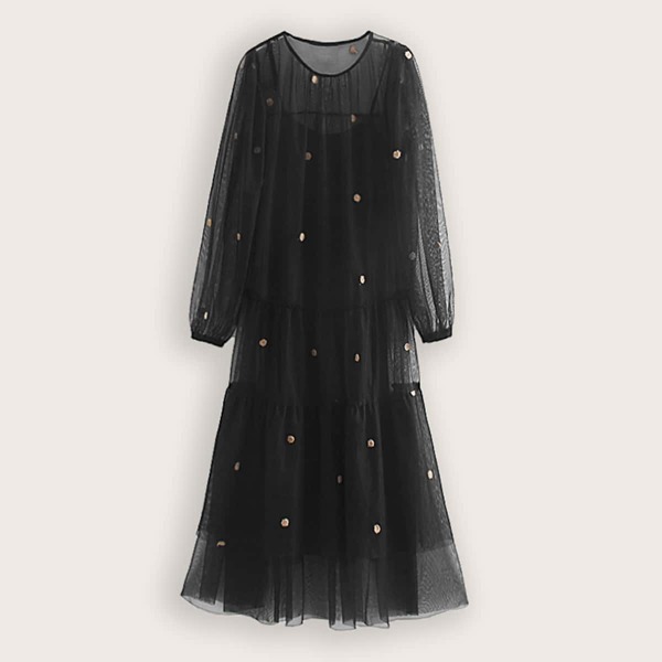 

Solid Cami Dress & Embroidery Mesh Dress, Black