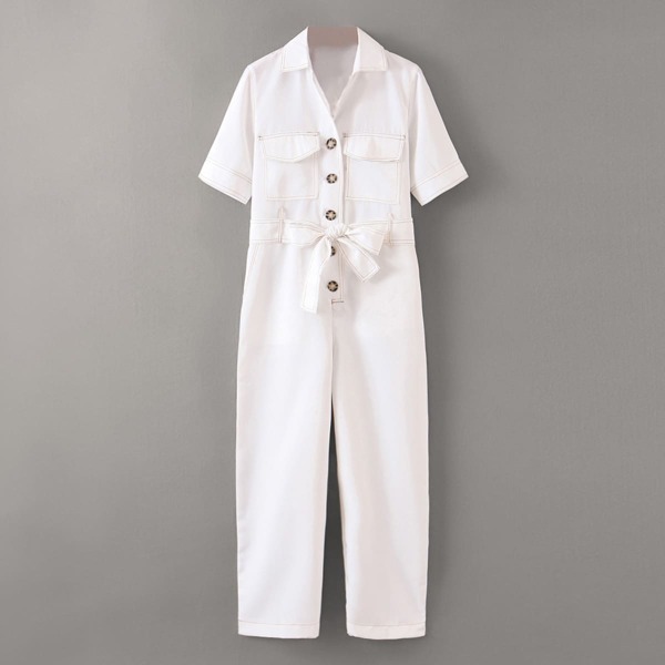 

Flap Pocket Contrast Stitching Belted Cargo Jumpsuit, White
