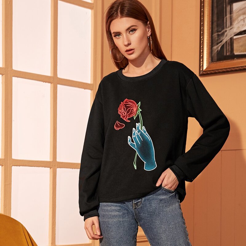 

Floral & Figure Graphic Sweatshirt, Black
