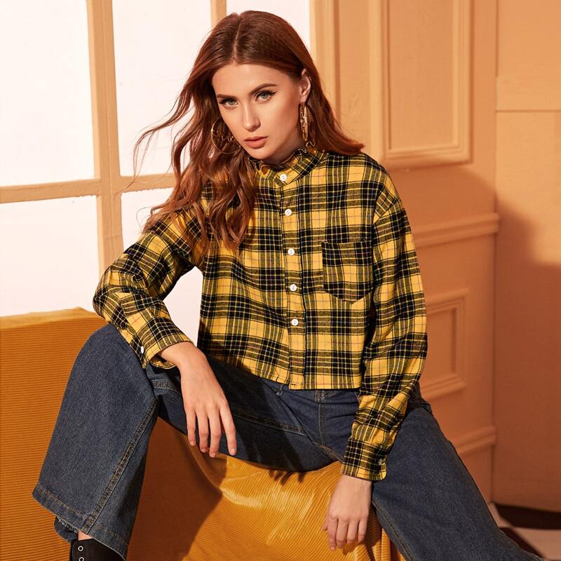 

Tartan Pocket Front Button Up Blouse, Multicolor