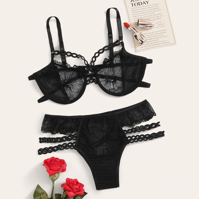 

Contrast Lace Mesh Underwire Harness Lingerie Set, Black