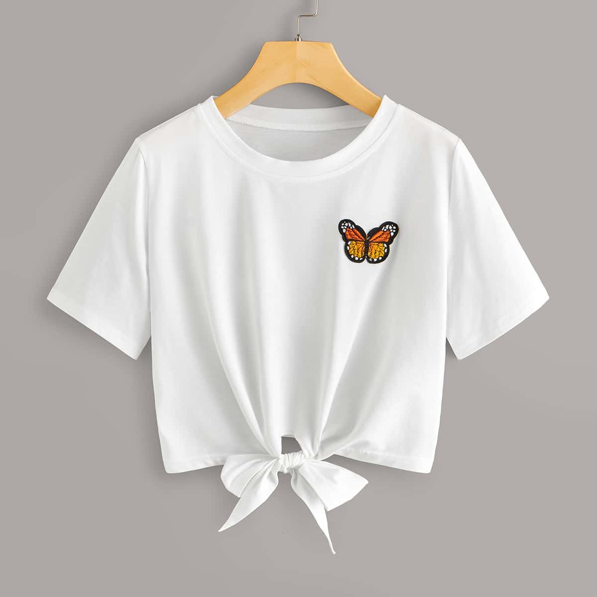 

Butterfly Embroidery Knot Crop Top, White