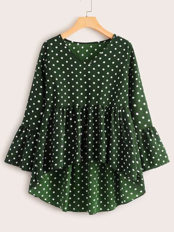 

Polka Dot Dip Hem Blouse, Green