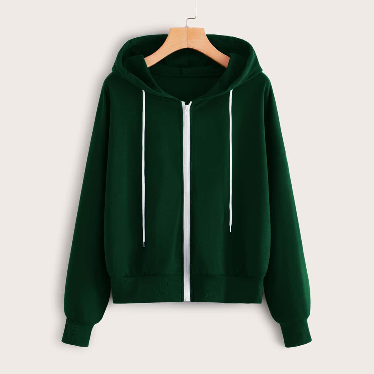 

Zip Up Drawstring Hooded Sweatshirt, Green