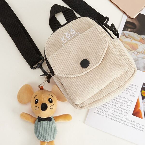 

Letter Embroidered Pocket Front Corduroy Backpack, Beige