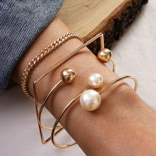 

4pcs Faux Pearl & Geometric Decor Bracelet, Gold