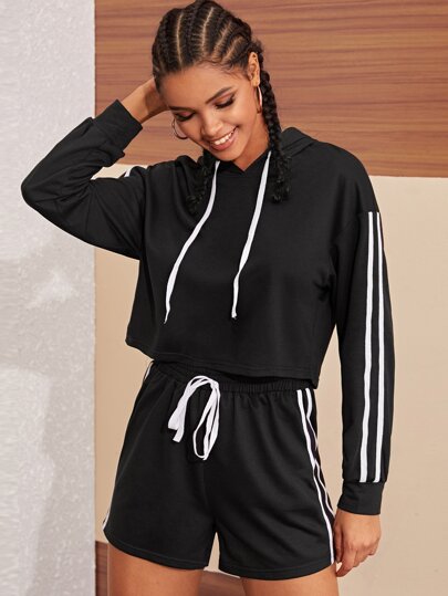 Side Striped Crop Top & Drawstring Waist Shorts Set