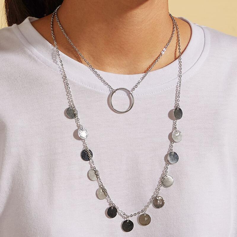 

1pc Coin Charm Layered Necklace, Silver
