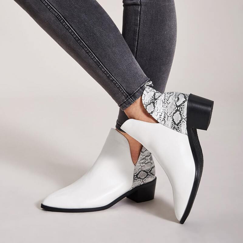 

Side Cut Snakeskin Block Boots, White