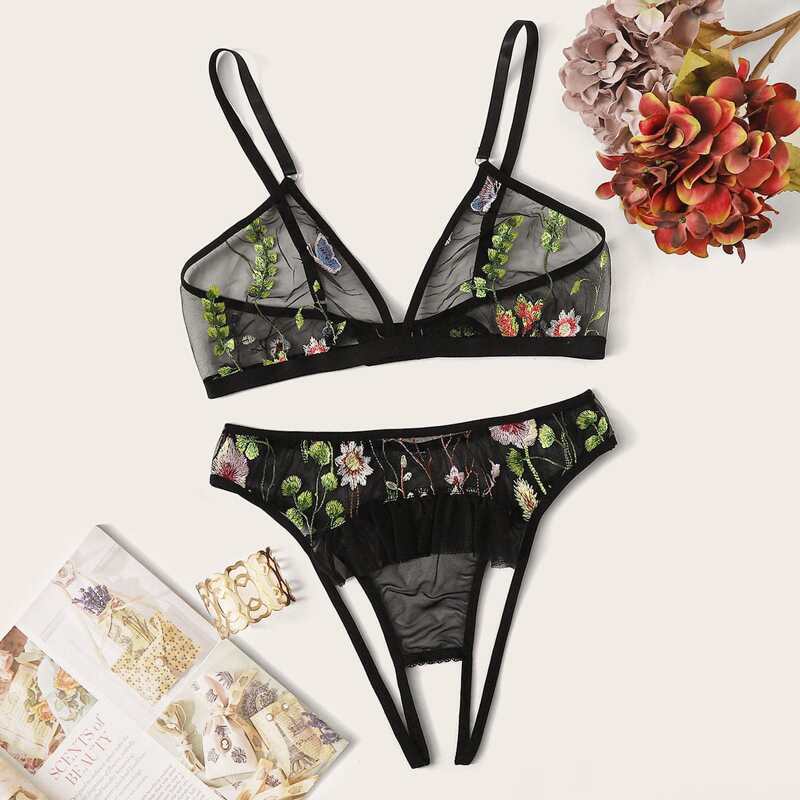 

Floral Embroidery Mesh Crotchless Lingerie Set, Black