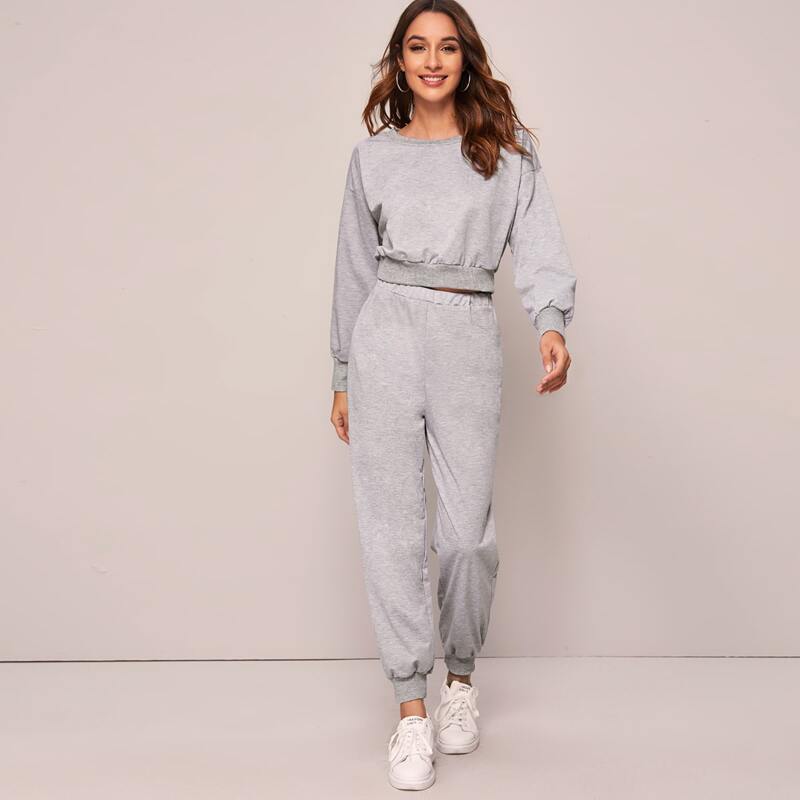 

Solid Crop Top & Elastic Waist Sweatpants Set, Grey