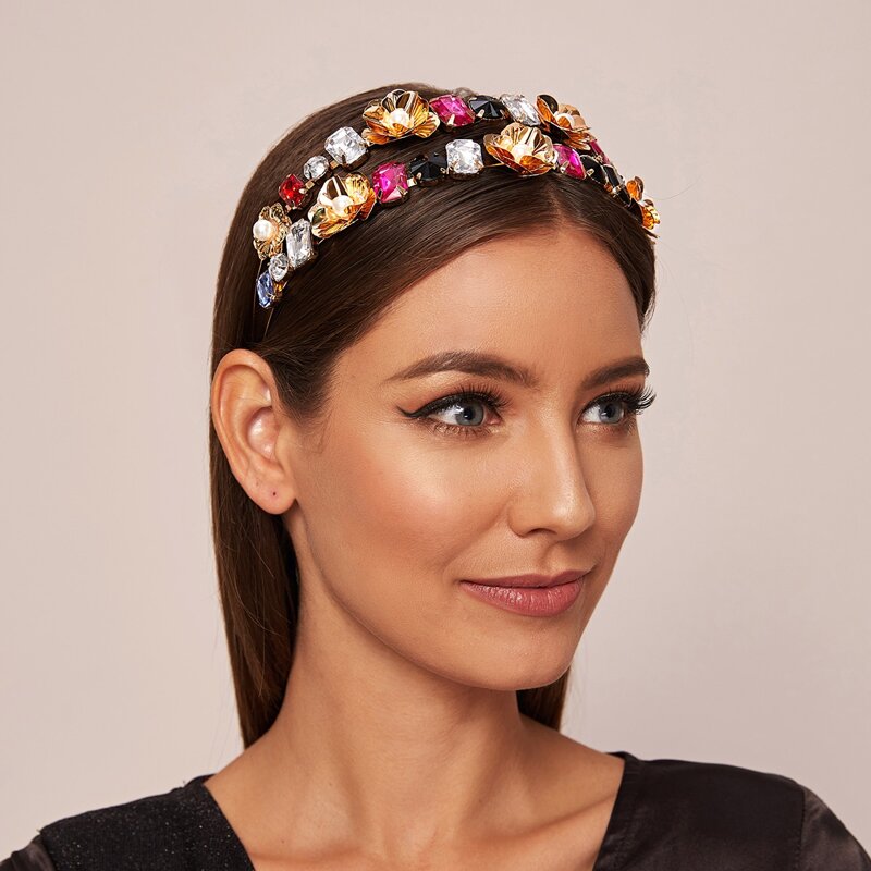 

Gemstone Engraved Flower Decor Metallic Hair Hoop, Multicolor