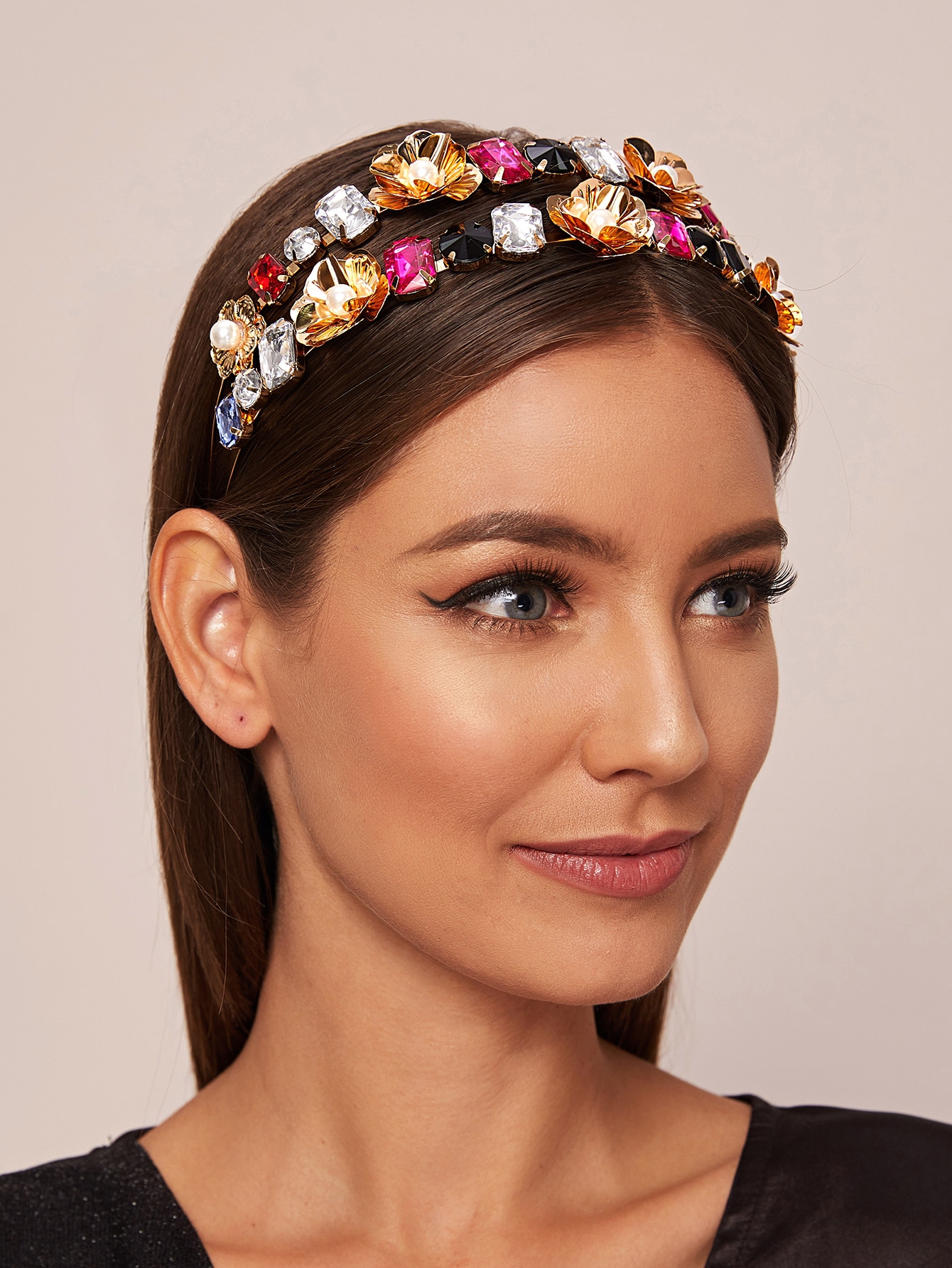 gemstone engraved flower decor metallic hair hoop