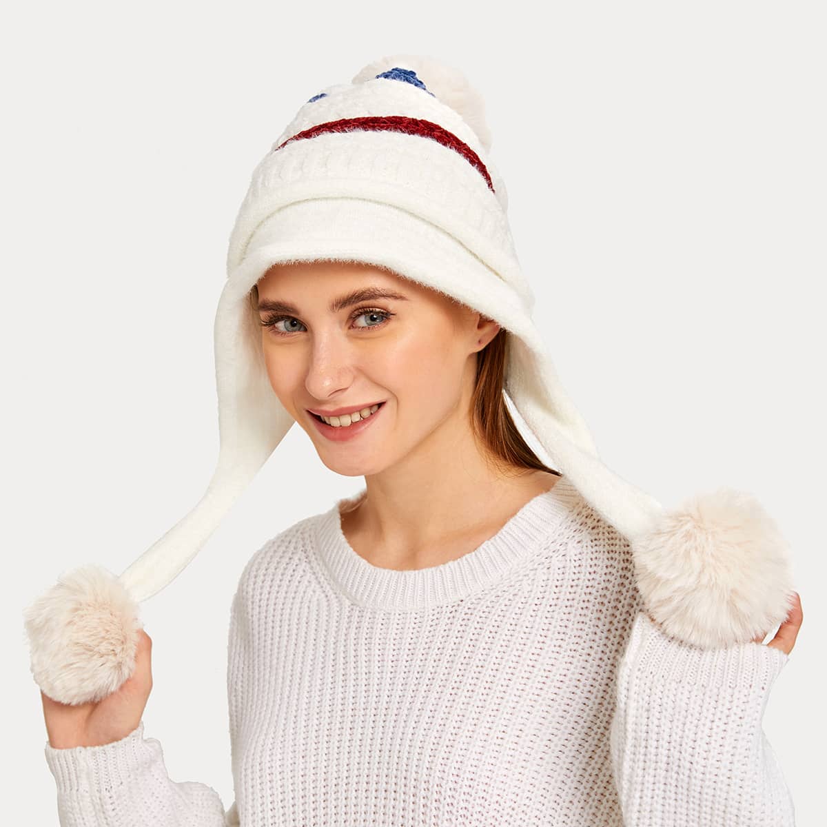 

Color Block Pom Pom Decor Knit Beanie, White