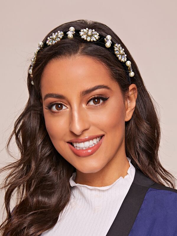 

Faux Pearl & Rhinestone Engraved Flower Decor Headband, Black