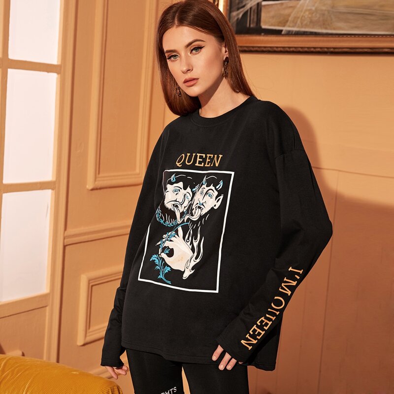 

Halloween & Letter Graphic Oversized Tee, Black