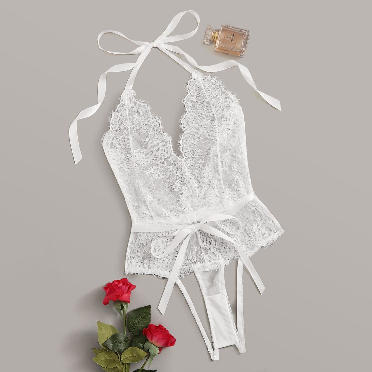 

Floral Lace Halter Teddy Bodysuit, White
